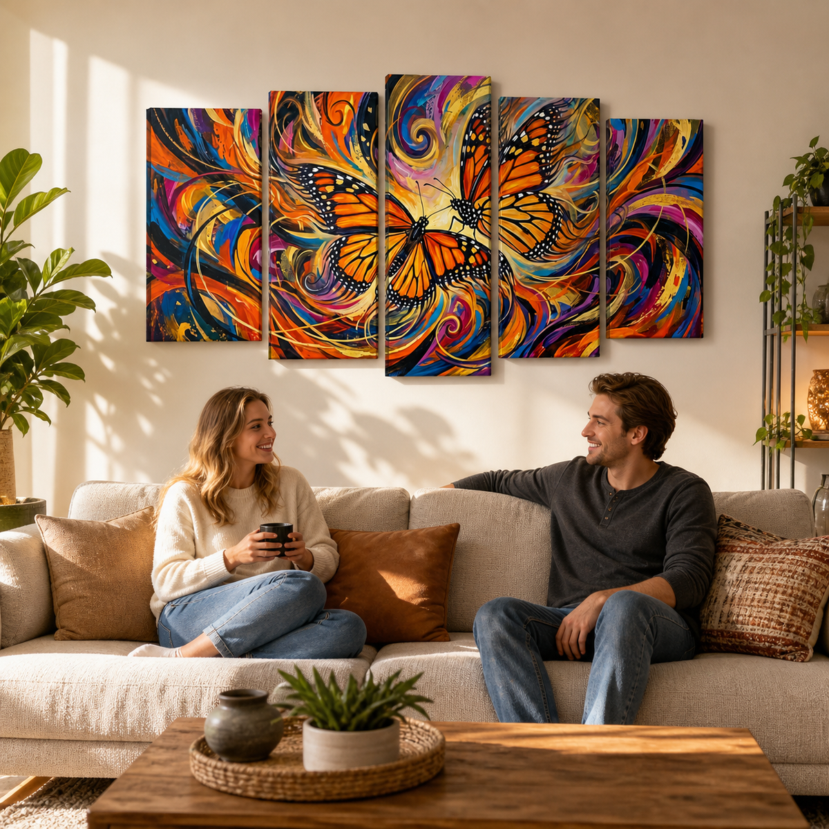 Colorful Monarch butterfly five-panel canvas art above a living room sofa