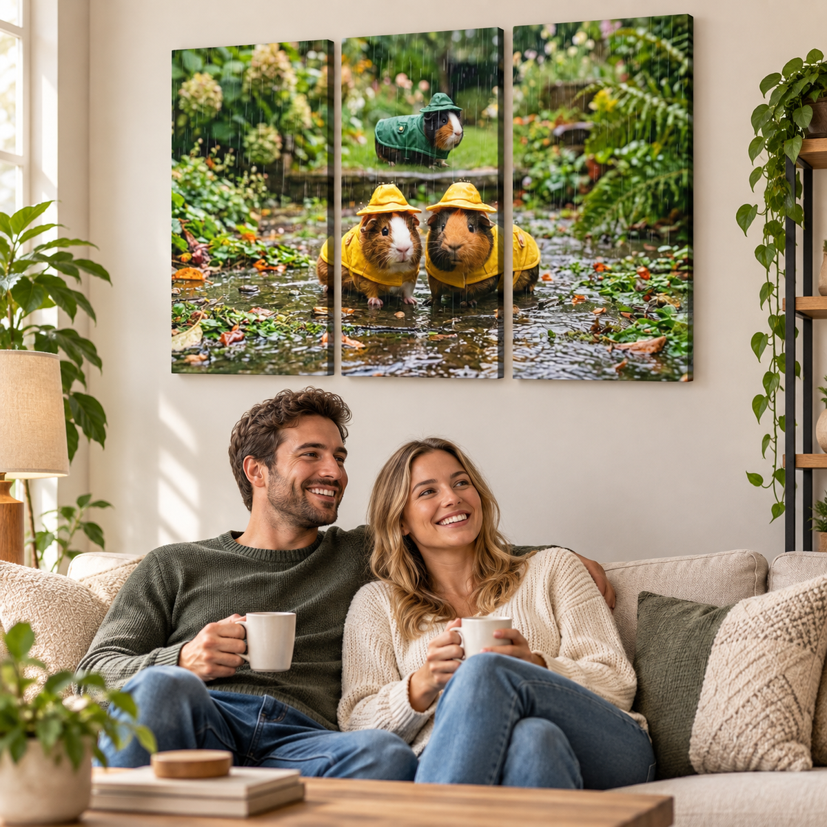Guinea pigs in yellow and green raincoats exploring a rainy garden in three-panel canvas wall art above a sofa.