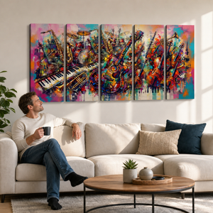 A man sits on a cream sofa in a living room, holding a mug and looking at a large five-panel canvas wall art set depicting a colorful, abstract musical scene with saxophones, guitars, and piano keys.
