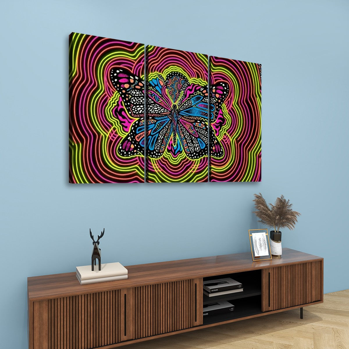 Neon Wings Psychedelic Butterfly Canvas Wall Art – Vibrant Abstract Print | 1, 3 & 5 Panel
