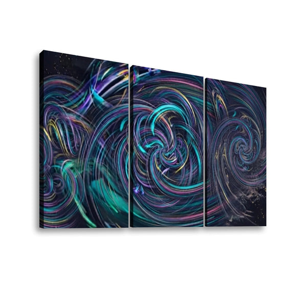 Three-panel canvas wall art featuring an abstract swirling design with glowing teal, purple, pink, and blue light trails on a dark background, shown against a plain white wall.