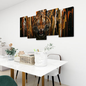 Unleashed – Tiger Bursting Through Dripping Paint 5-Panel Canvas Wall Art