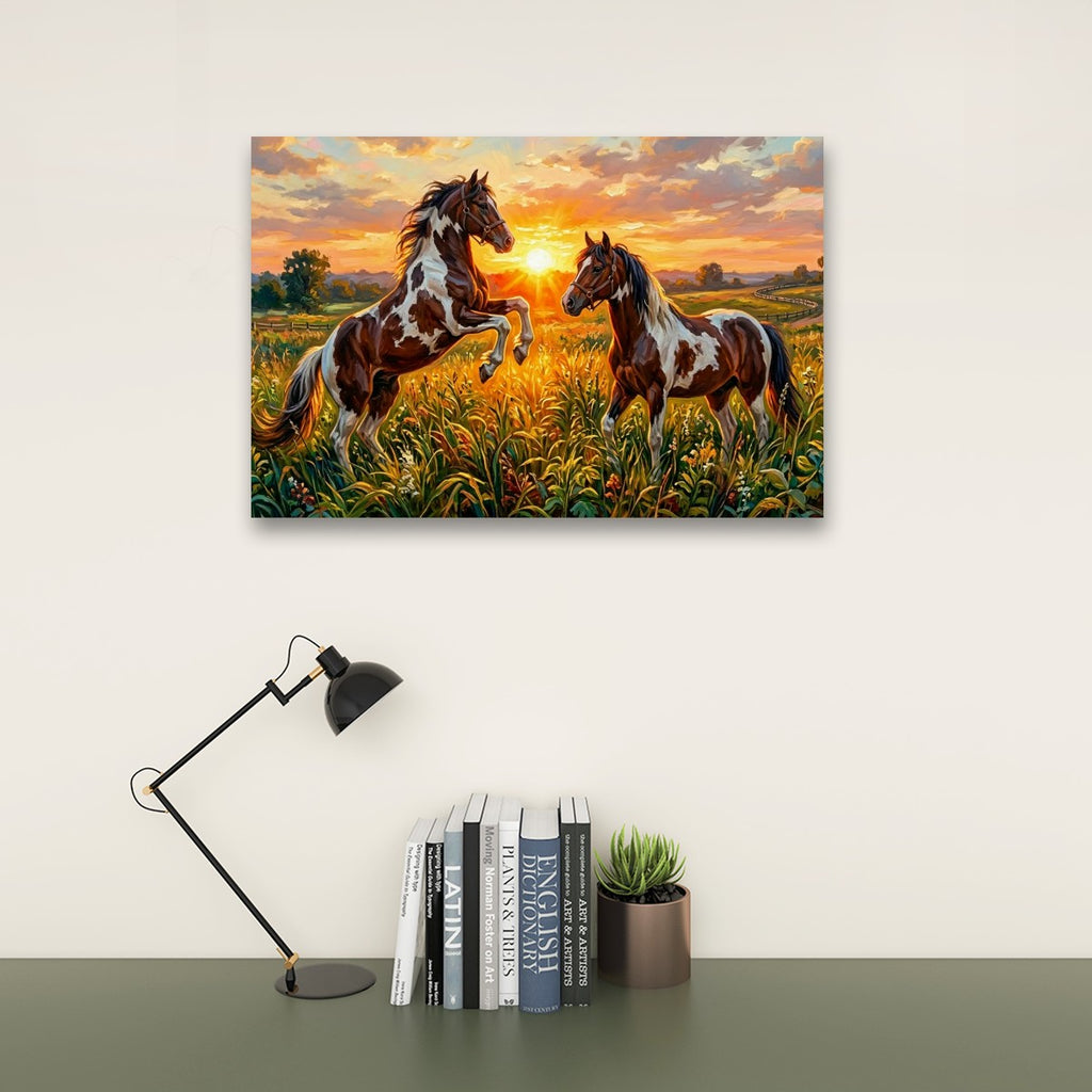 A rectangular wall art print showing two horses in a golden field at sunset, displayed above a desk with a black lamp, books, and a small succulent on a light wall.