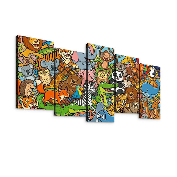 Wild & Whimsical Cartoon Animal Collage Kids Canvas Wall Art | 1, 3 & 5 Panel Playroom & Bedroom Print