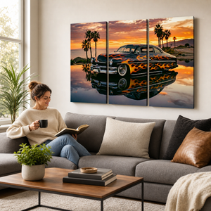 1951 Mercury Sled Canvas Wall Art – Slammed Black Flames Sunset Reflection | 5-Panel Classic Car Print