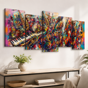 A five-panel canvas wall art set depicting a colorful, abstract musical scene with guitars, a piano keyboard, and brass instruments, displayed on a white wall above a console table with books and a plant.