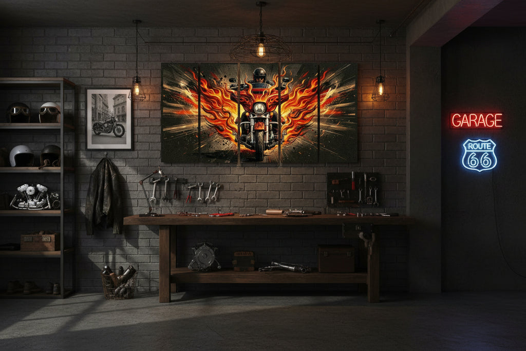 A five-panel canvas wall art set depicting a motorcycle surrounded by dramatic orange and yellow flames.