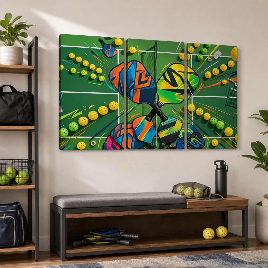 A three-panel canvas wall art set depicting a colorful, abstract pickleball scene with two tennis rackets and multiple tennis balls, displayed in a modern living room setting above a wooden bench.