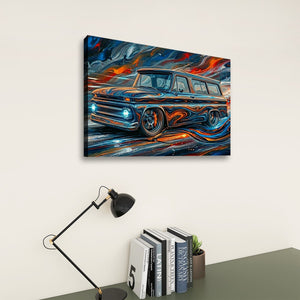 A rectangular wall art print showing a 1966 Chevy Suburban Carryall with swirling orange, red, and white brushstrokes, displayed above a desk with books and a black lamp against a light beige wall.