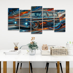 A five-panel canvas wall art set depicting a stylized, colorful vintage 1966 Chevy Suburban Carryall  in swirling blue, orange, and red brushstrokes, displayed above a white dining table in a modern room setting.
