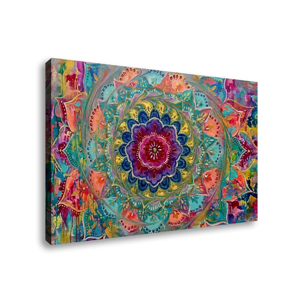 A rectangular canvas wall art print featuring a vivid, symmetrical mandala design in a rainbow of colors including teal, purple, pink, orange, and yellow, shown at an angle against a plain white background.
