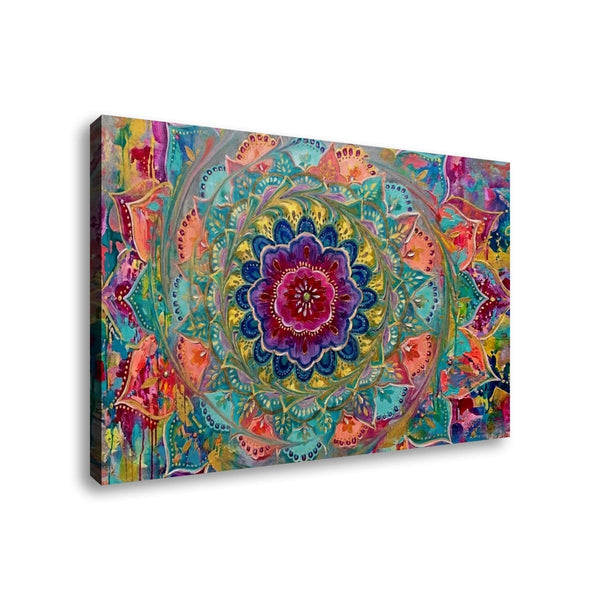 A rectangular canvas wall art print featuring a vivid, symmetrical mandala design in a rainbow of colors including teal, purple, pink, orange, and yellow, shown at an angle against a plain white background.
