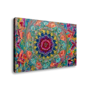 A rectangular canvas wall art print featuring a vivid, symmetrical mandala design in a rainbow of colors including teal, purple, pink, orange, and yellow, shown at an angle against a plain white background.