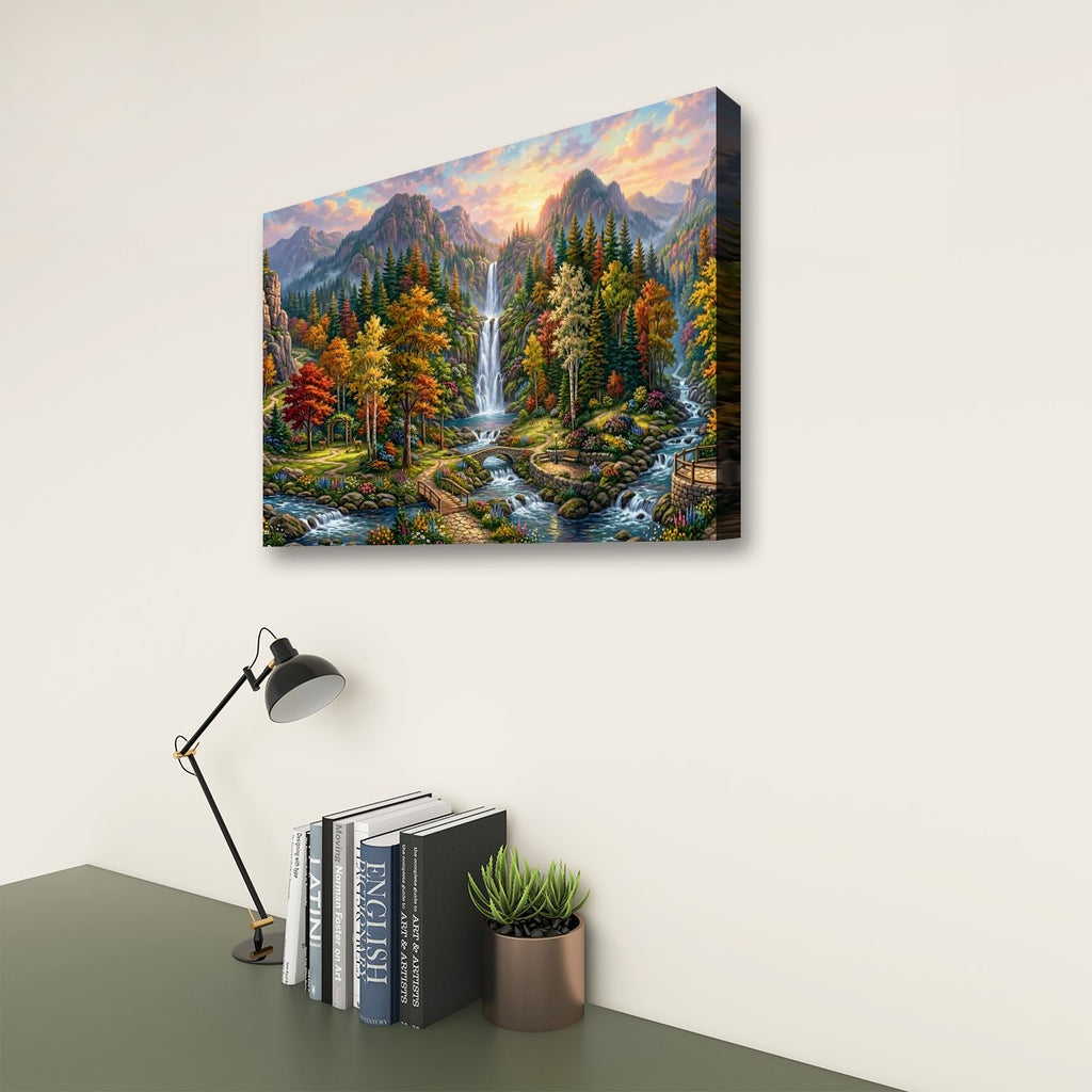 Waterfall Landscape Mountain Multi-Color Scene 5-Panel Canvas Wall Art