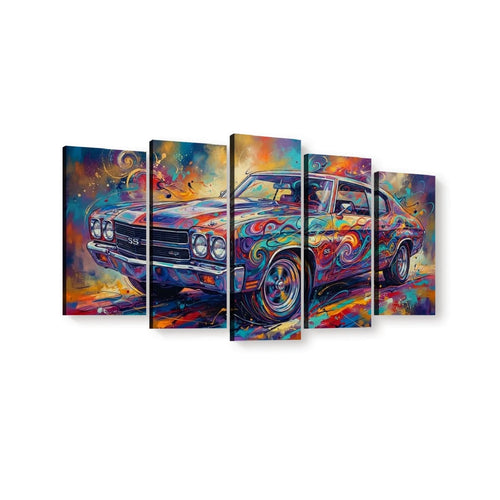 A five-panel canvas wall art set depicting a colorful, abstract-style painting of a classic 1970 Chevy Chevelle muscle car on a white background.
