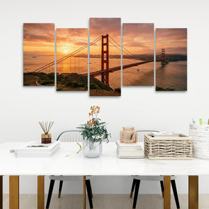 Golden Gate at Golden Hour – 5-Panel Canvas Wall Art