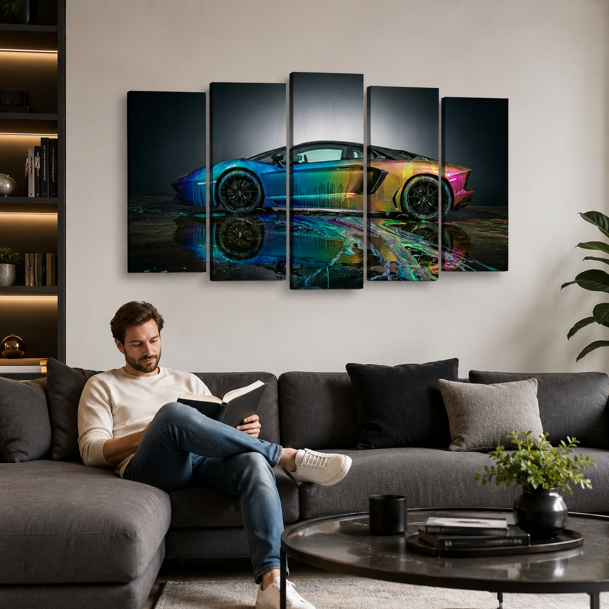 A five-panel canvas wall art set depicting a vibrant, multicolored Lamborghini Aventador sports car on a dark reflective surface, displayed in a modern living room above a gray sectional sofa where a man is reading.