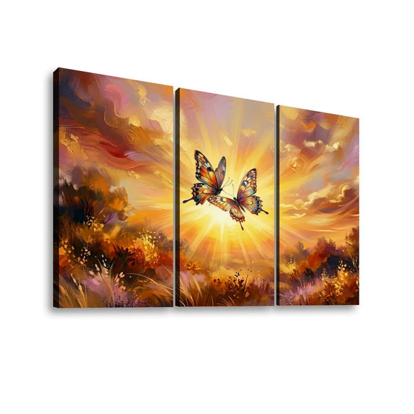 Golden Hour Butterflies Canvas Wall Art – Warm & Ethereal Abstract Print | 1, 3 & 5 Panel