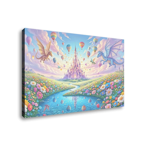 A rectangular canvas wall art print showing a whimsical fantasy landscape with a pastel castle, river, flowers, hot air balloons, and dragons, photographed against a plain white background.