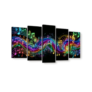Five-panel canvas wall art showing a black background filled with glowing neon musical notes, staff lines, and colorful flowing light trails in pink, blue, green, yellow, and purple.