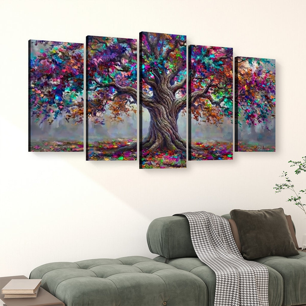 A five-panel canvas wall art set depicting a colorful, impressionistic tree with a gnarled trunk, displayed above a green sofa in a living room setting.