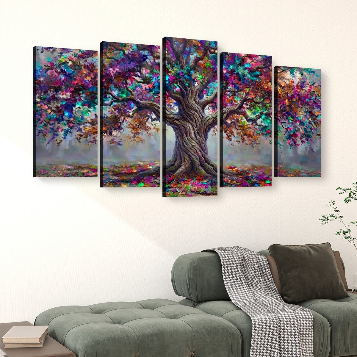 A five-panel canvas wall art set depicting a colorful, impressionistic tree with a gnarled trunk, displayed above a green sofa in a living room setting.