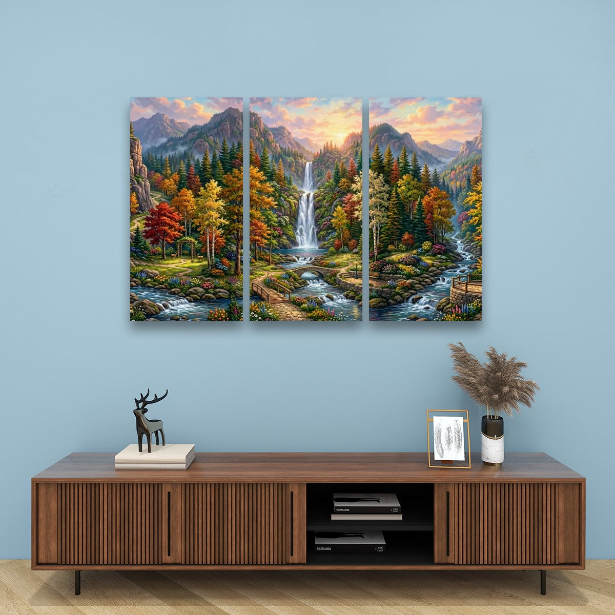 Waterfall Landscape Mountain Multi-Color Scene 5-Panel Canvas Wall Art
