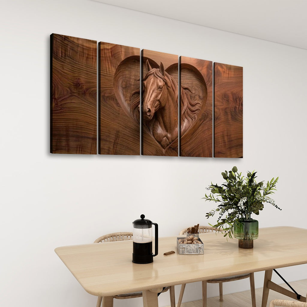 Wood Sculpture Horse Head with Heart 5-Panel Canvas Wall Art