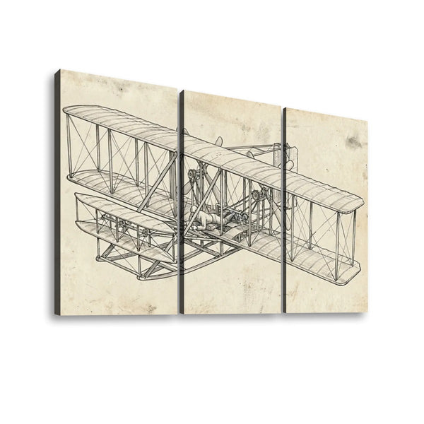 Wright Brothers First Flight Canvas Wall Art – Aviation History Sketch Print | 5-Panel Level