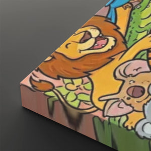 A close-up angled view of a colorful printed panel or book-like object showing cartoon animals, including a lion, koala, and green creature, on a dark gray background.