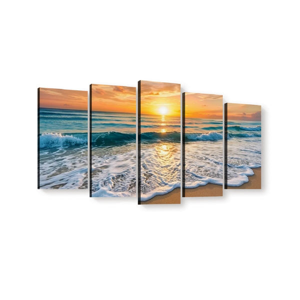 A five-panel canvas wall art set depicting a beach sunset with ocean waves, foam, and golden sunlight reflecting on the water and sand, shown against a plain white background.