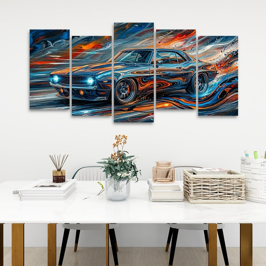 A five-panel canvas wall art set depicting a stylized 1969  Camaro blue muscle car with swirling orange, red, and blue brushstrokes, displayed above a white table in a modern room setting.