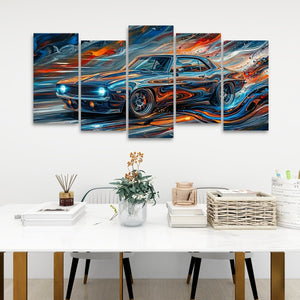A five-panel canvas wall art set depicting a stylized 1969  Camaro blue muscle car with swirling orange, red, and blue brushstrokes, displayed above a white table in a modern room setting.