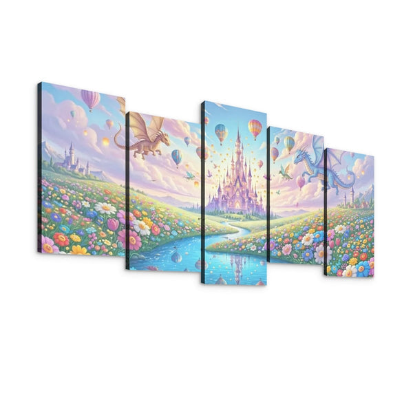 A five-panel canvas wall art set depicting a whimsical fantasy landscape with a castle, hot air balloons, dragons, a river, and colorful flowers, shown against a plain white background.