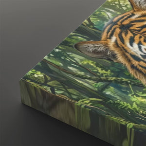 A close-up of a rectangular canvas or print showing part of a tiger's face and body over a lush green forest scene, photographed against a dark gray background.
