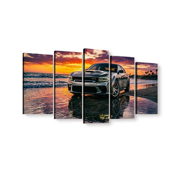 Dodge SRT Hellcat Charger Canvas Wall Art – Beach Sunset Scene | 5-Panel Level Garage Décor Print