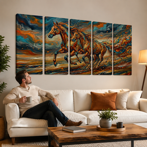 A man relaxes on a white sofa in a living room while looking at a large five-panel canvas wall art set depicting two galloping horses in a dramatic, colorful sky scene.