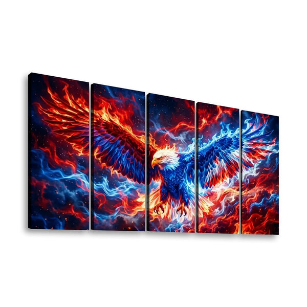 A five-panel canvas wall art set depicting a dramatic eagle surrounded by swirling red and blue flames against a dark starry sky, shown on a white background.