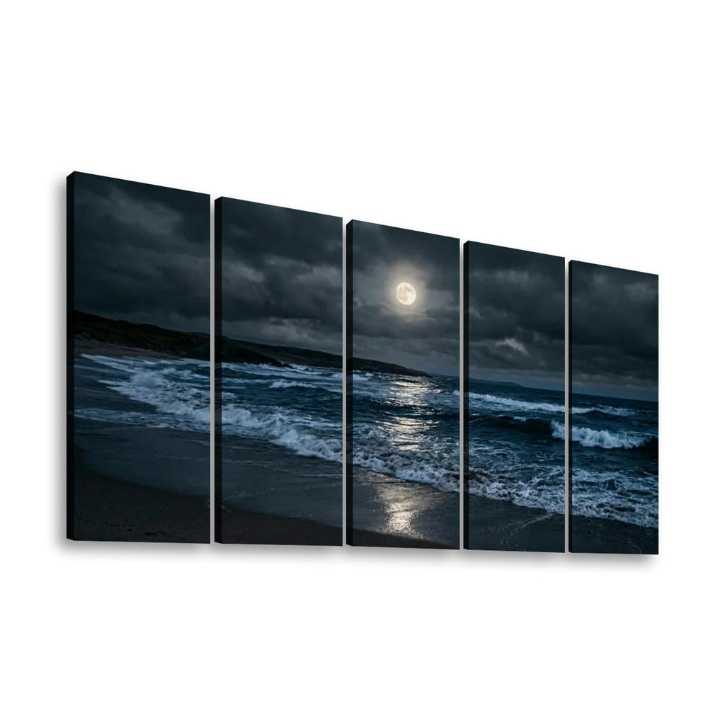 A five-panel canvas wall art set depicting a dramatic night beach scene with dark storm clouds, waves, and a bright full moon reflecting on the water, shown against a plain white background.