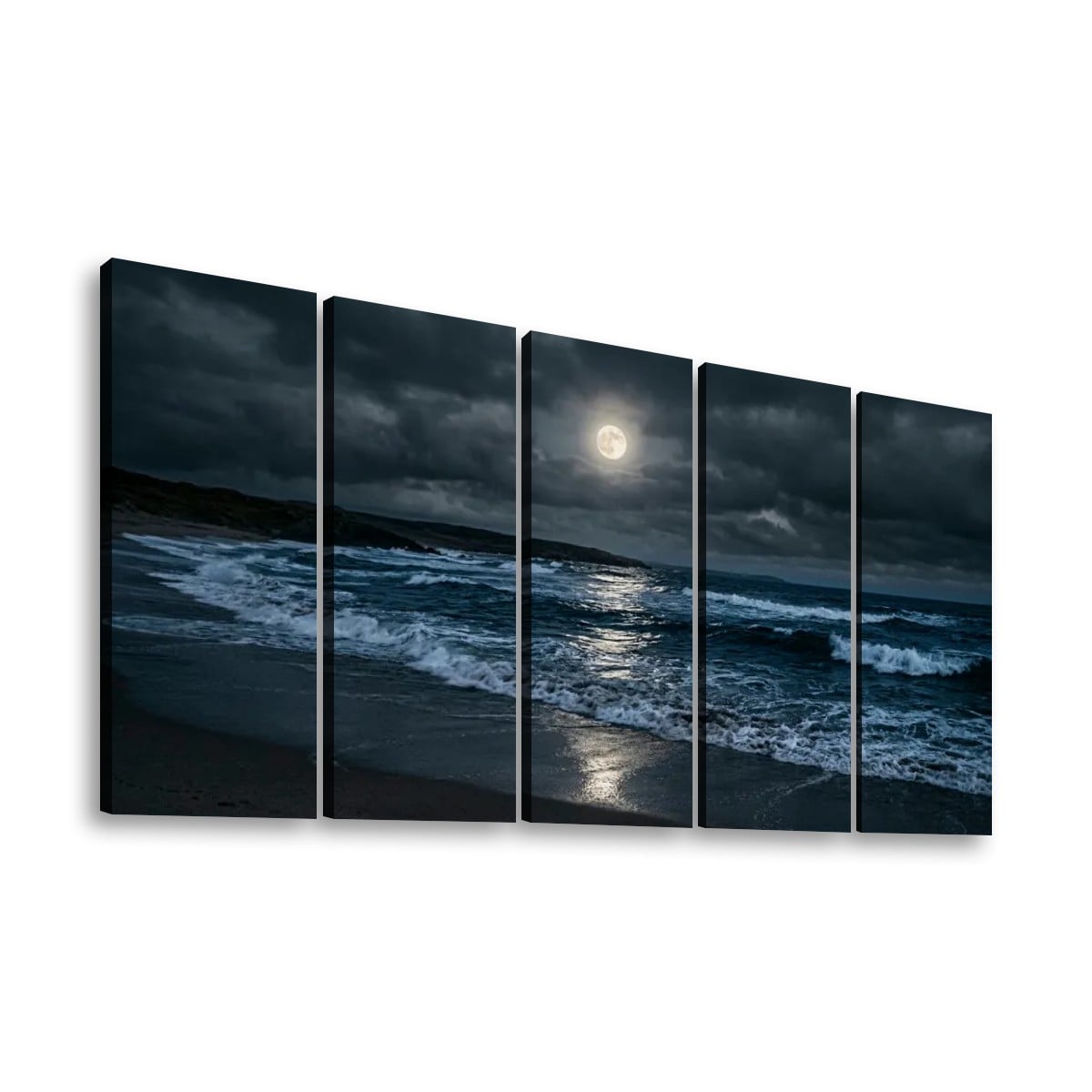 A five-panel canvas wall art set depicting a dramatic night beach scene with dark storm clouds, waves, and a bright full moon reflecting on the water, shown against a plain white background.
