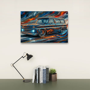 A colorful abstract canvas print of a 1966 Chevy Suburban Carryall  is displayed on a beige wall above a dark green table with a black desk lamp, books, and a small potted succulent.