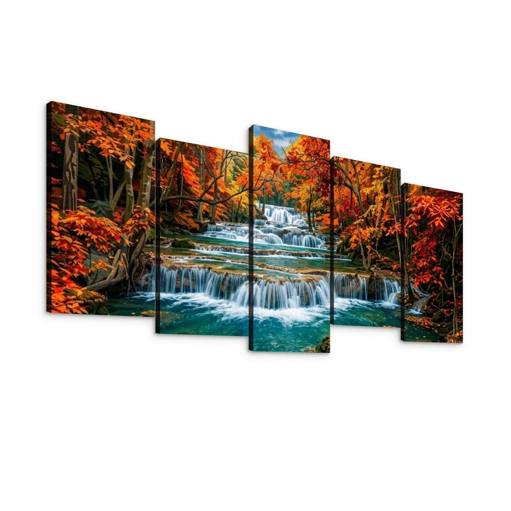 A five-panel canvas wall art set depicting a colorful Huay Mae Khamin Falls flowing into turquoise water, shown against a plain white background.