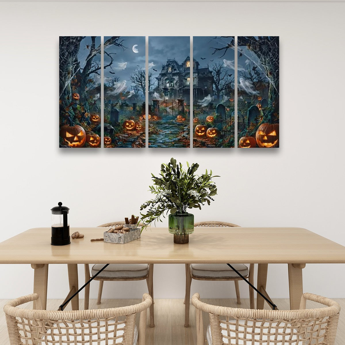 Halloween Haunted House Pumpkins & Moon — 5-Panel Level Canvas Wall Art