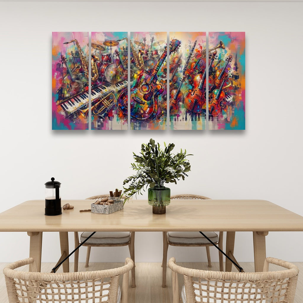 A 5-panel canvas wall art set depicting a colorful, abstract jazz music scene with saxophones, trumpets, and guitars, displayed on a white wall above a wooden dining table with chairs.