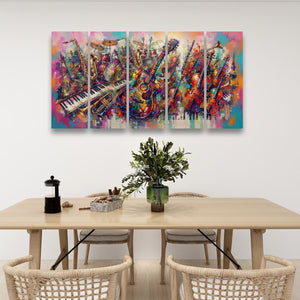 A 5-panel canvas wall art set depicting a colorful, abstract jazz music scene with saxophones, trumpets, and guitars, displayed on a white wall above a wooden dining table with chairs.