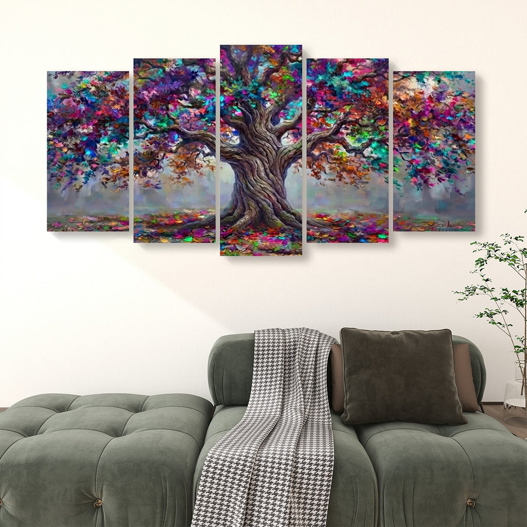A five-panel canvas wall art set depicting a colorful, textured tree with a gnarled trunk, displayed above a green tufted sofa in a living room setting.