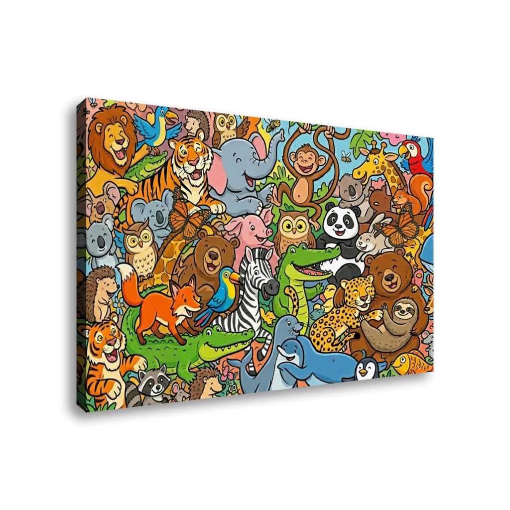 A rectangular canvas wall art print featuring a dense, colorful cartoon illustration of many animals, shown at a slight angle against a plain white background.