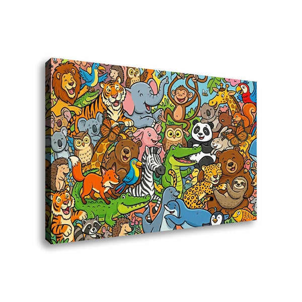 A rectangular canvas wall art print featuring a dense, colorful cartoon illustration of many animals, shown at a slight angle against a plain white background.