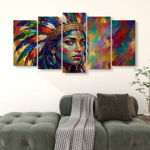 A five-panel canvas wall art set depicting a colorful portrait of a woman with a feathered headdress, displayed above a green sofa in a living room setting.