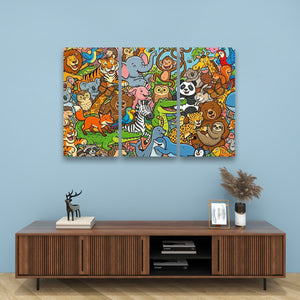 A three-panel canvas wall art print featuring a colorful cartoon jungle scene with various animals, displayed on a light blue wall above a wooden console table.